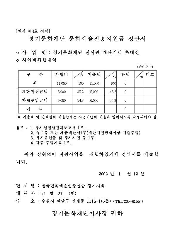 2001 경기민예총 경기문화재단 전시관 개관기념 초대전 총사업집행 경과보고서