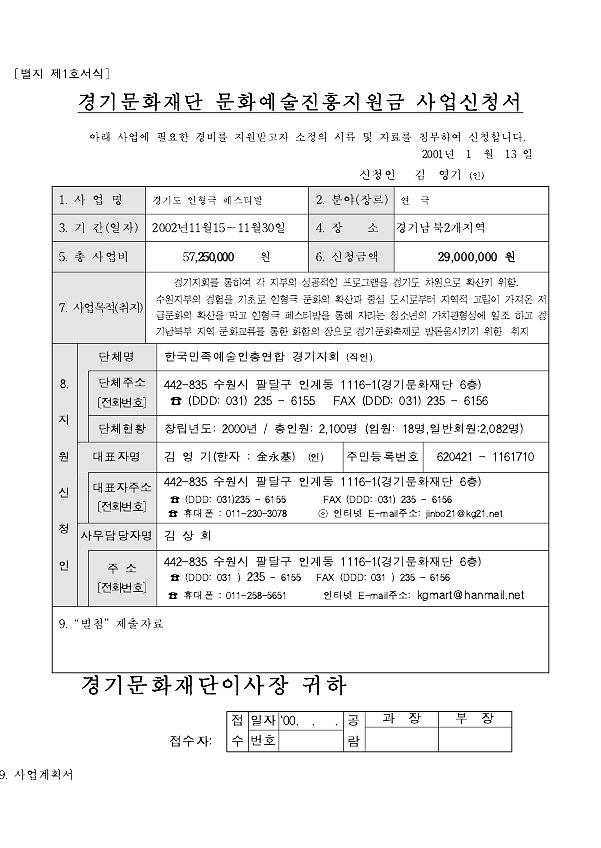 2002 경기인형극페스티벌 경기문화재단 문화예술지원금 사업신청 관련 문서