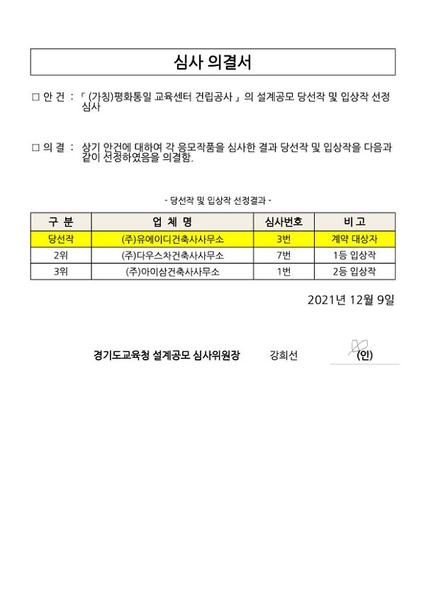 (가칭) 경기평화·통일 교육센터 건립공사 심사 의결서 관련 문서