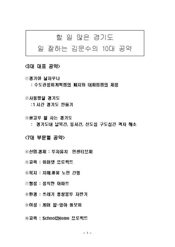 할 일 많은 경기도 일 잘하는 김문수의 10대 공약집