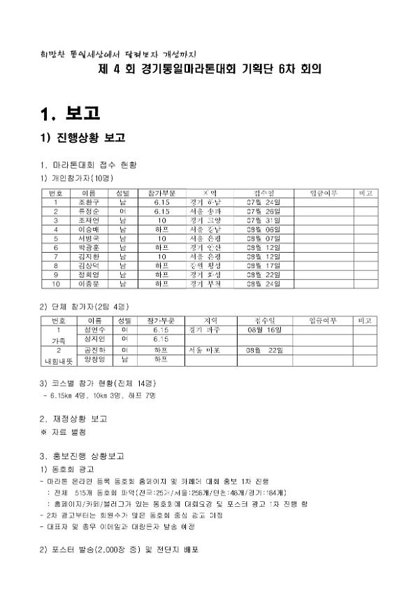 제4회 경기통일마라톤대회 기획단 6차 회의 자료 2종