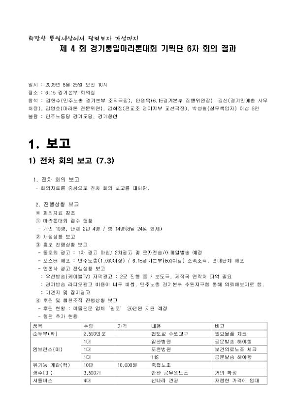 제4회 경기통일마라톤대회 기획단 6차 회의 결과보고서