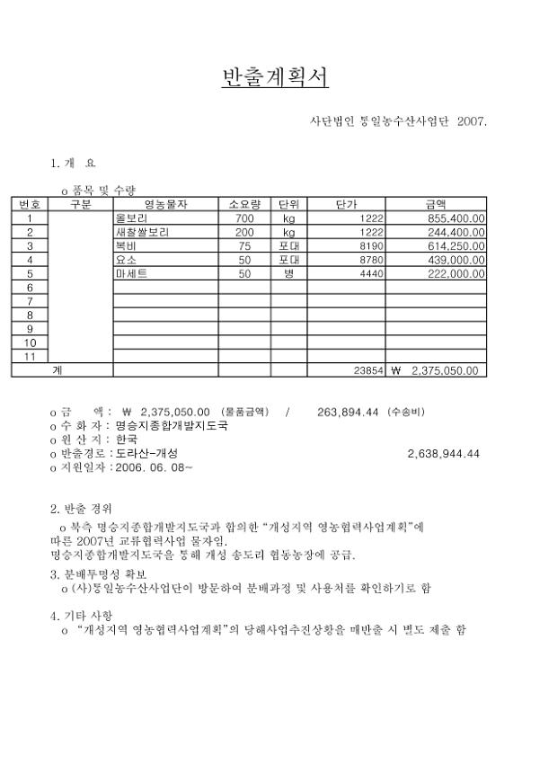 통일농수산사업단 반출 계획서(2007.06.05)