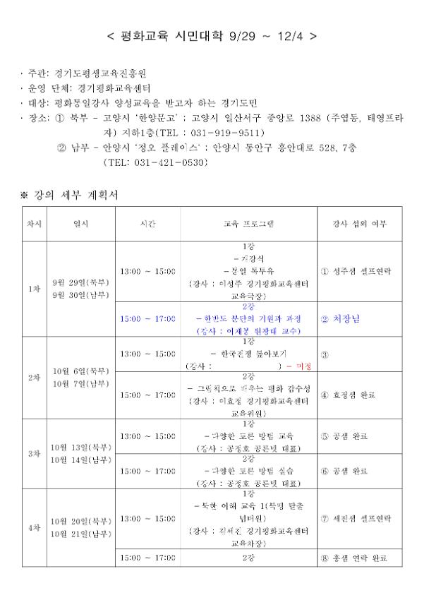 평화교육 시민대학 강의계획