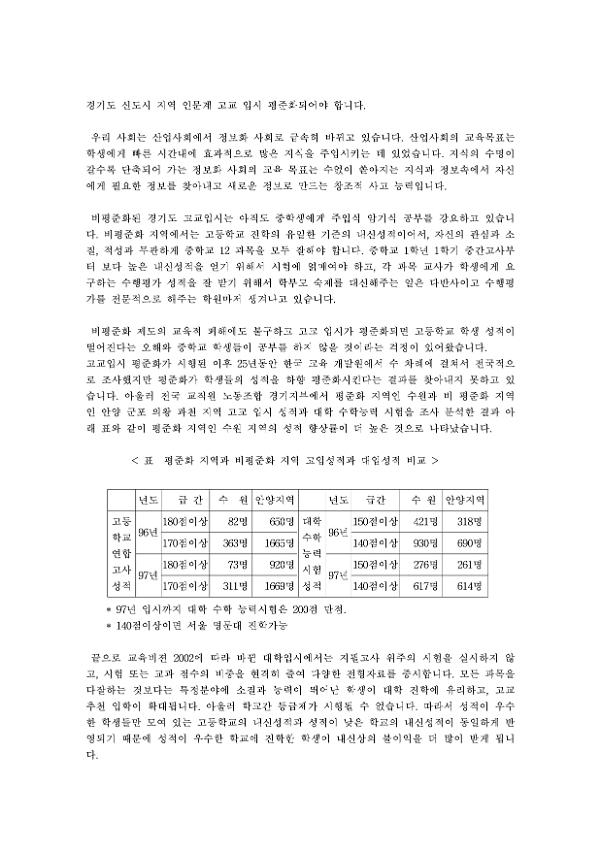 경기도 신도시 지역 인문계 고교 입시 평준화되어야 합니다 교섭안