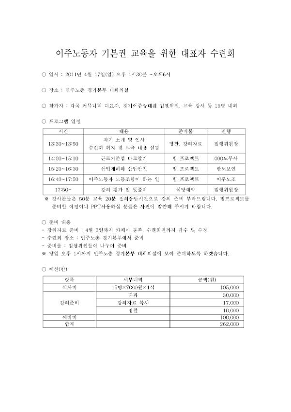 이주노동자 기본권 교육을 위한 대표자 수련회 계획서