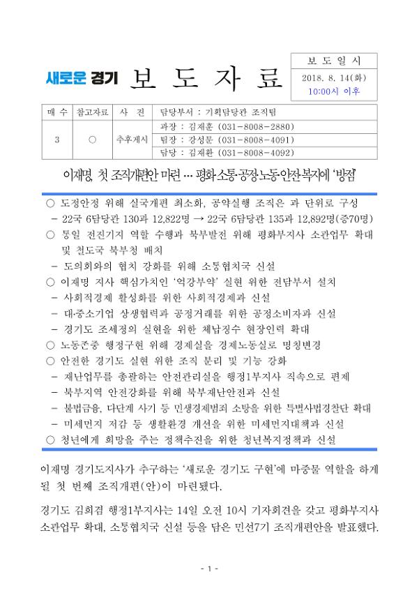 민선7기 첫 조직개편안 마련 보도자료