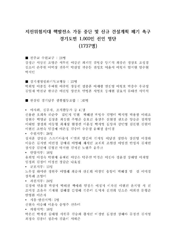 지진위험지대 핵발전소 가동 중단 및 신규 건설계획 폐기 촉구 경기도민 1,000인 선언 명단(1737명)