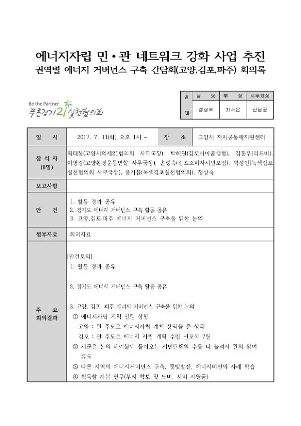 경기도 에너지자립 민∙관 네트워크 강화 사업 추진 권역별 에너지 거버넌스 구축 간담회(고양,김포,파주) 회의록