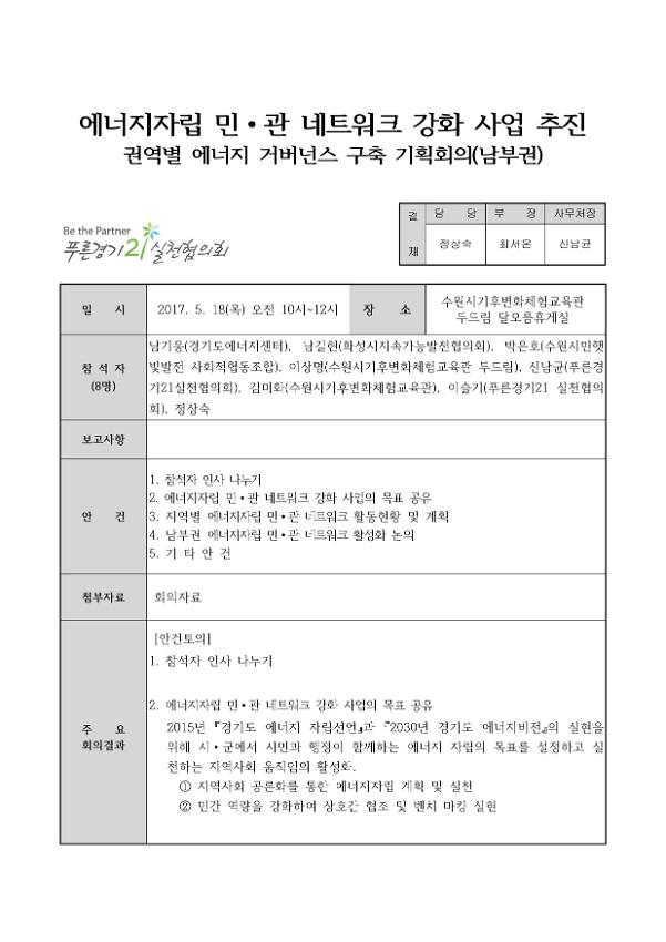 에너지자립 민·관 네트워크 강화 사업 추진 권역별 에너지 거버넌스 구축 기획회의(남부권) 회의록