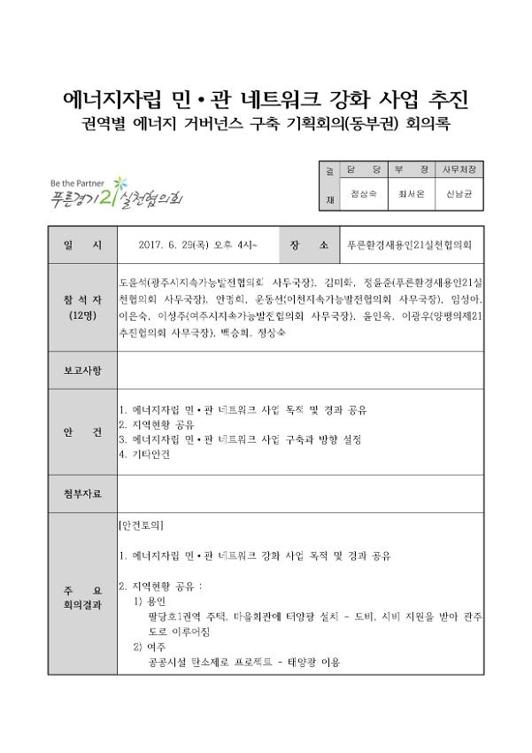 에너지자립 민·관 네트워크 강화 사업 추진 권역별 에너지 거버넌스 구축 기획회의(동부권) 회의록