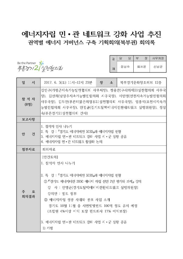 에너지자립 민·관 네트워크 강화 사업 추진 권역별 에너지 거버넌스 구축 기획회의(북부권) 회의록