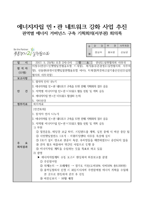 에너지자립 민·관 네트워크 강화 사업 추진 권역별 에너지 거버넌스 구축 기획회의(서부권) 5월 회의록