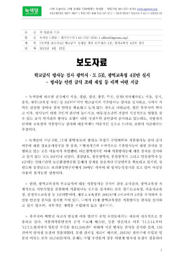 학교급식 방사능 검사 광역시·도 5곳, 광역교육청 4곳만 실시 보도자료