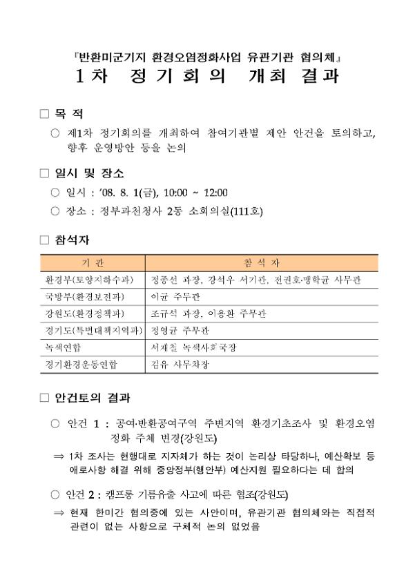 '반환 미군기지 환경오염 정화사업 유관기관 협의체' 제1차 정기회의 개최 결과