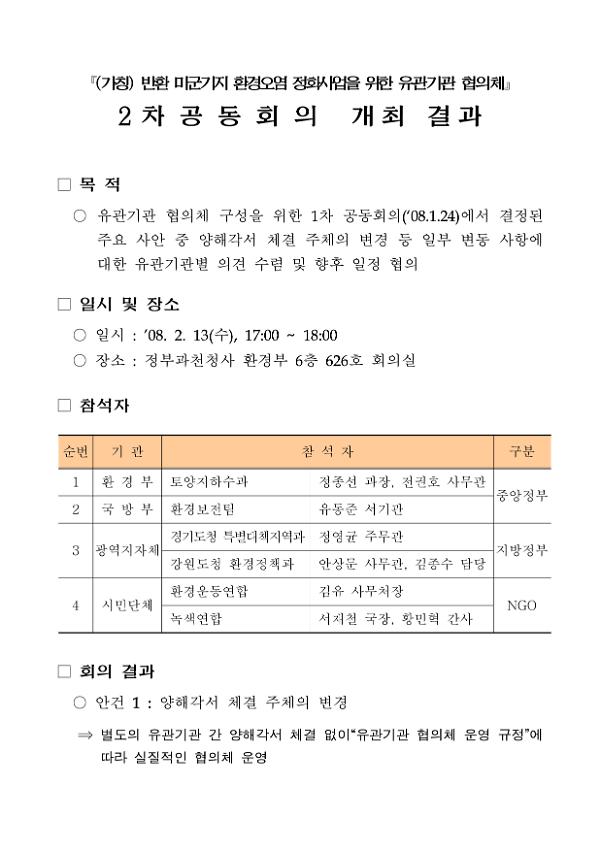 (가칭) 반환 미군기지 환경오염 정화사업을 위한 유관기관 협의체 2차 공동회의 개최 결과