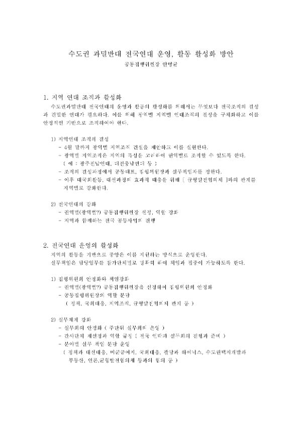 수도권 과밀반대 전국연대 운영·활동 활성화 방안