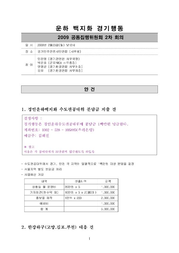 운하 백지화 경기행동 2009 공동집행위원회 2차 회의록