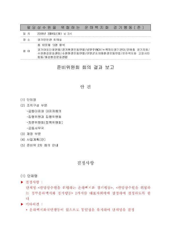 팔당상수원을 위협하는 운하백지화 경기행동 준비위원회 1차 회의 결과 보고