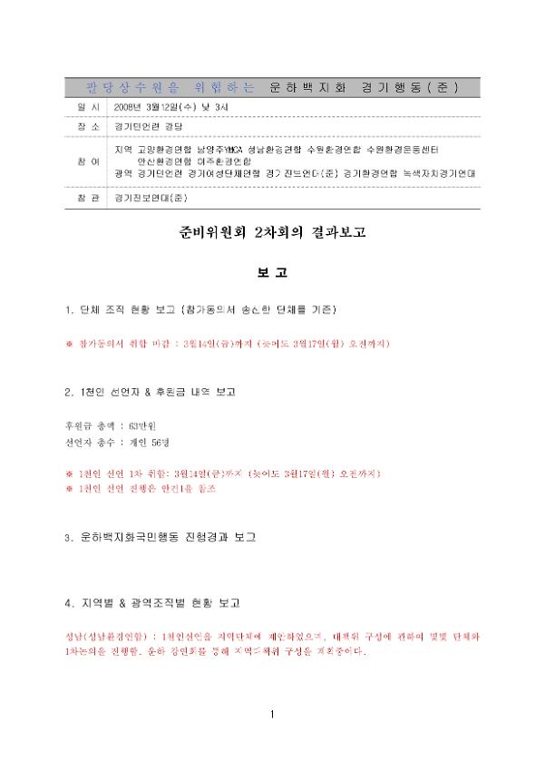 팔당상수원을 위협하는 운하백지화 경기행동 준비위원회 2차 회의 결과 보고
