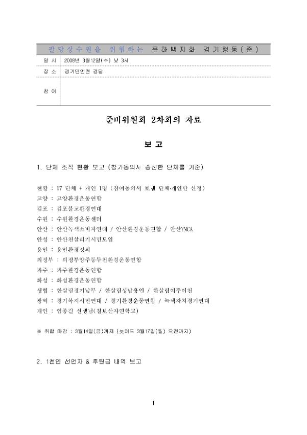 팔당상수원을 위협하는 운하백지화 경기행동 준비위원회 2차 회의 자료