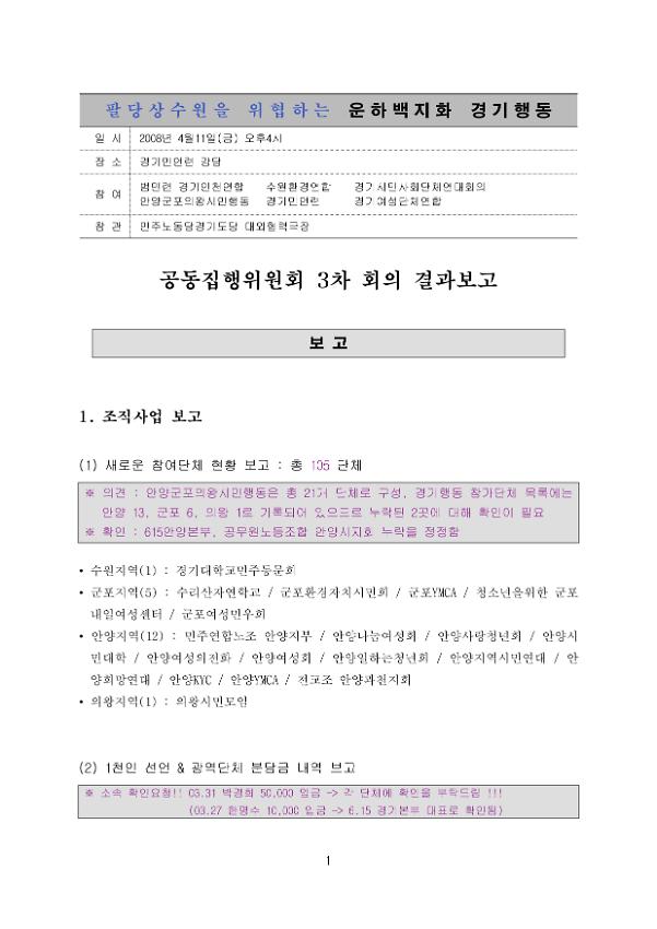 팔당상수원을 위협하는 운하백지화 경기행동 공동집행위원회 3차 회의 결과보고