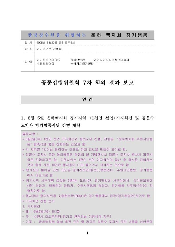 팔당상수원을 위협하는 운하백지화 경기행동 공동집행위원회 7차 회의 결과보고