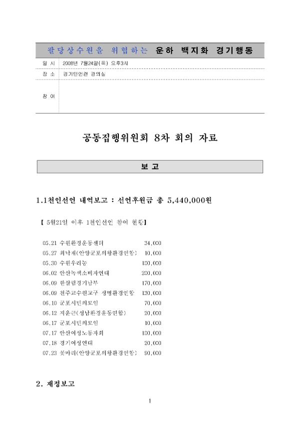 팔당상수원을 위협하는 운하백지화 경기행동 공동집행위원회 8차 회의 자료