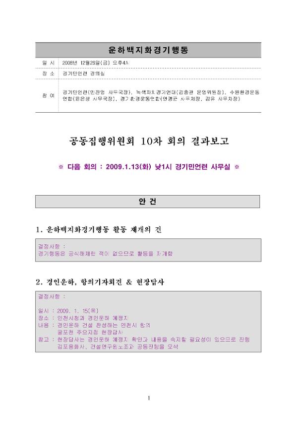 팔당상수원을 위협하는 운하백지화 경기행동 공동집행위원회 10차 회의 결과보고