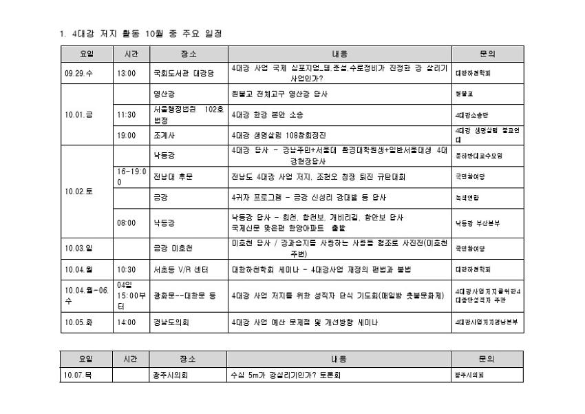 4대강 저지 활동 10월 주요 일정