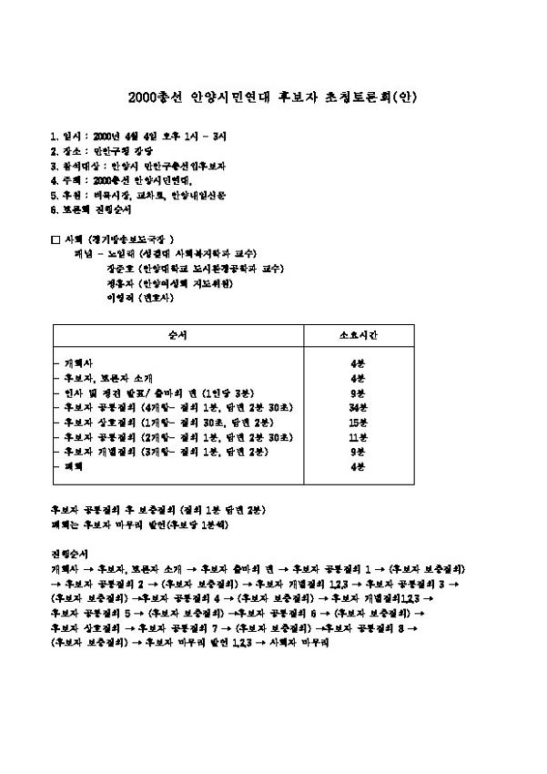 2000총선 안양시민연대 후보자 초청토론회(안)