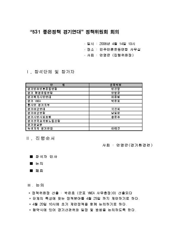 531 좋은정책 경기연대 정책위원회 회의록(2006.04.14)