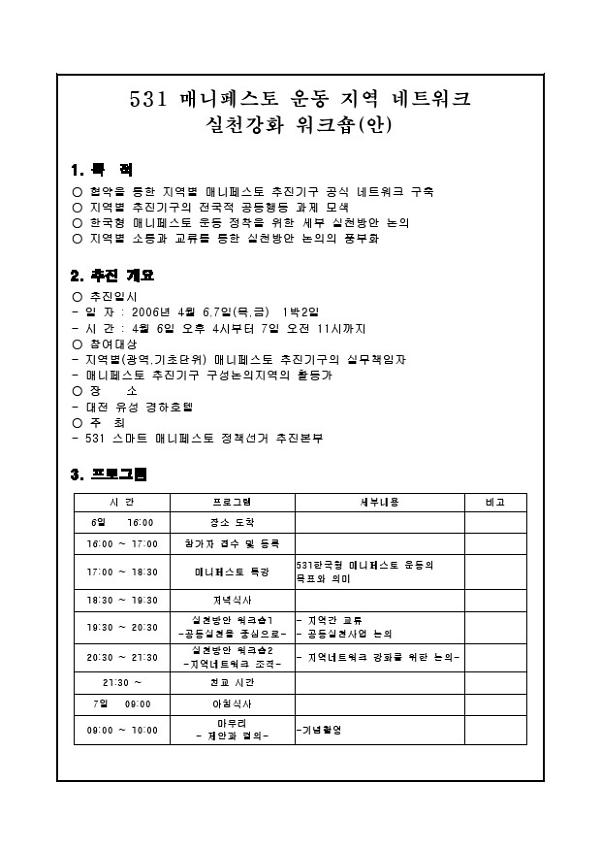 531 매니페스토 운동 지역 네트워크 실천강화 워크숍(안)