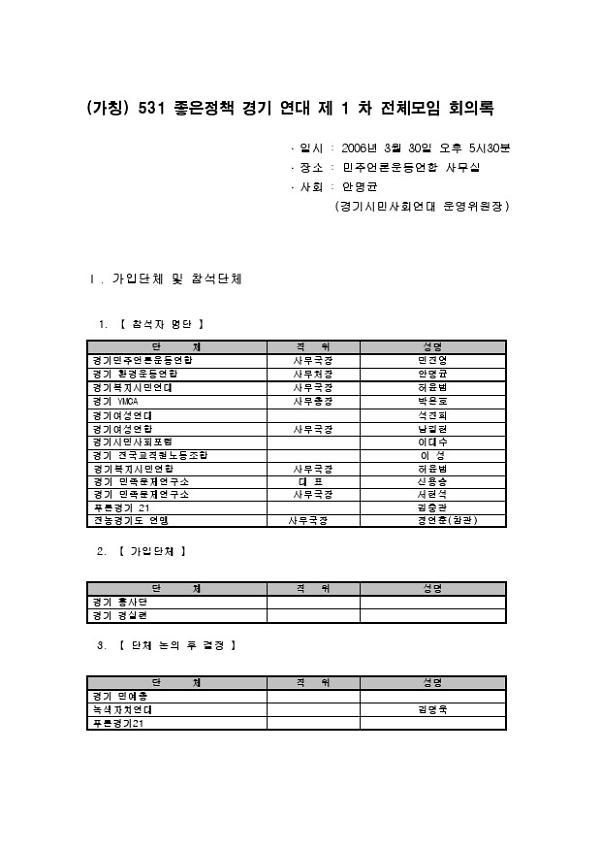 (가칭) 531 좋은정책 경기 연대 제1차 전체모임 회의록
