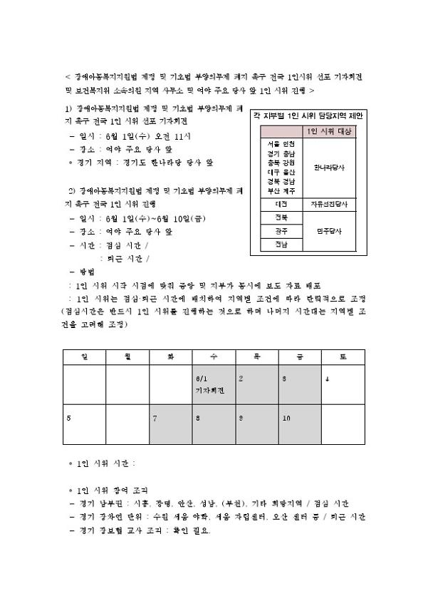 장애아동복지지원법 제정 및 기초법 부양의무제 폐지 촉구 전국 1인시위 선포 기자회견 및 보건복지위 소속의원 지역 사무소 및 여야 주요 당사 앞 1인 시위 진행 계획서