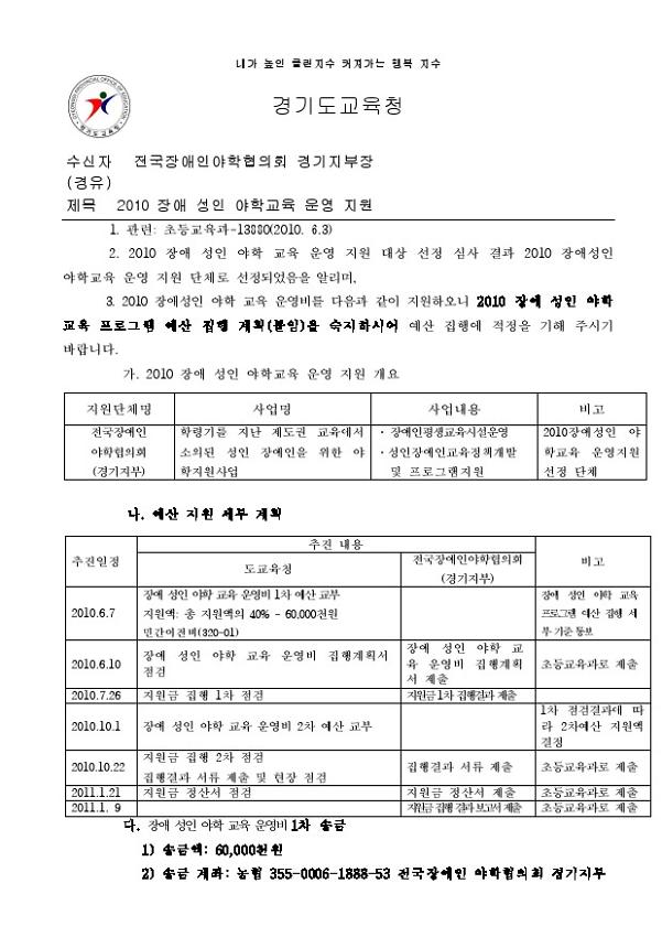 2010 장애 성인 야학교육 운영 지원 공문