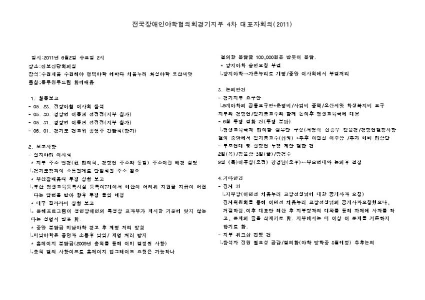 전국장애인야학협의회 경기지부 4차 대표자 회의록(2011.06.02)