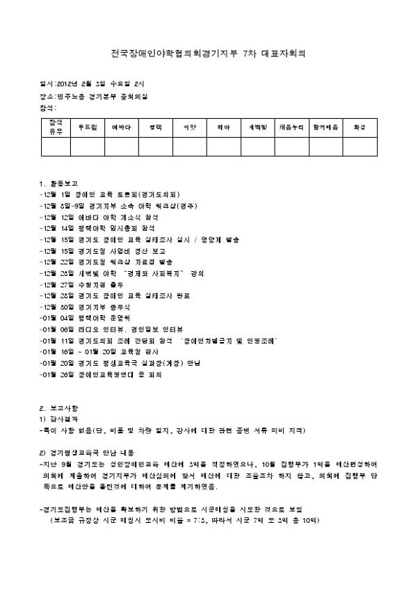 전국장애인야학협의회 경기지부 7차 대표자회의 안건지(2012.02.03)