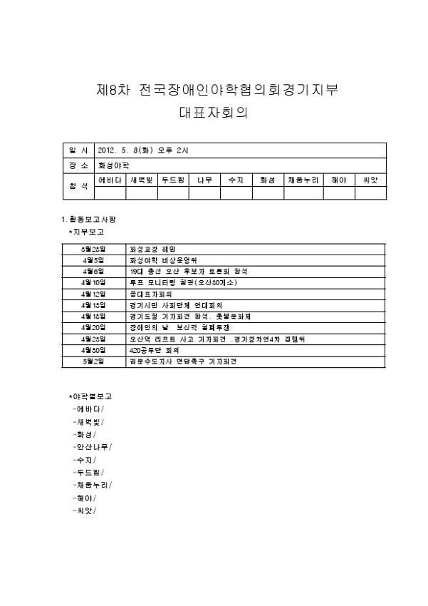 전국장애인야학협의회 경기지부 9차 대표자회의 안건지