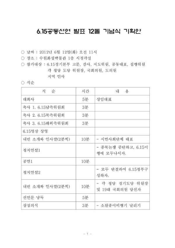 6.15공동선언 발표 12돌 기념식 기획안